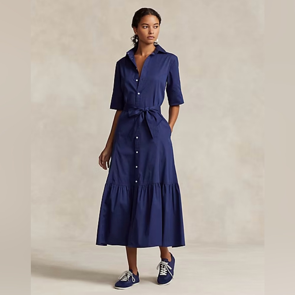 NWT Polo Ralph Lauren Dark Blue Tiered Cotton Shirtdress Size 10